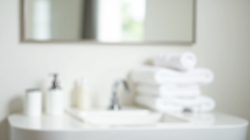 Bathroom counter with organized toiletries in small containers, fresh white towels, clear mirror, bright clean aesthetic