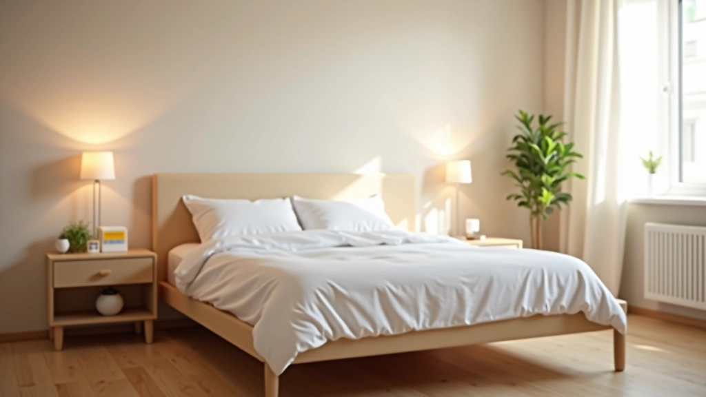 Organized bedroom with made bed, organized nightstand with minimal items, clean wooden flooring, calm neutral tones, afternoon natural light