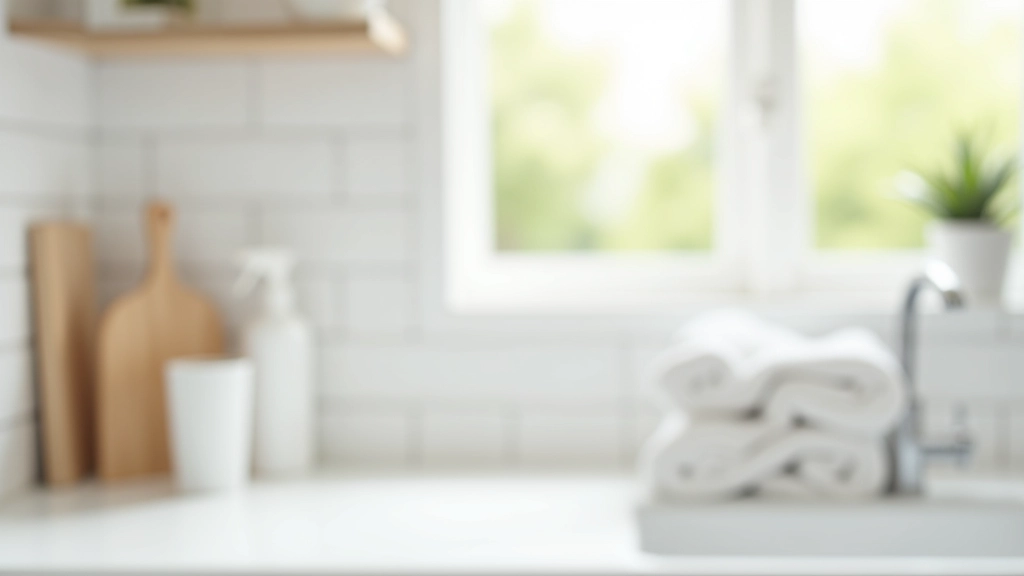Clean kitchen counter with organized cleaning supplies and fresh white towels