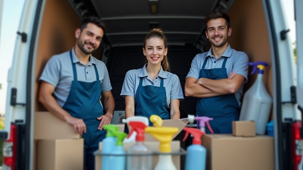 Team of professional cleaners in uniform preparing organized supplies and equipment in modern cleaning van