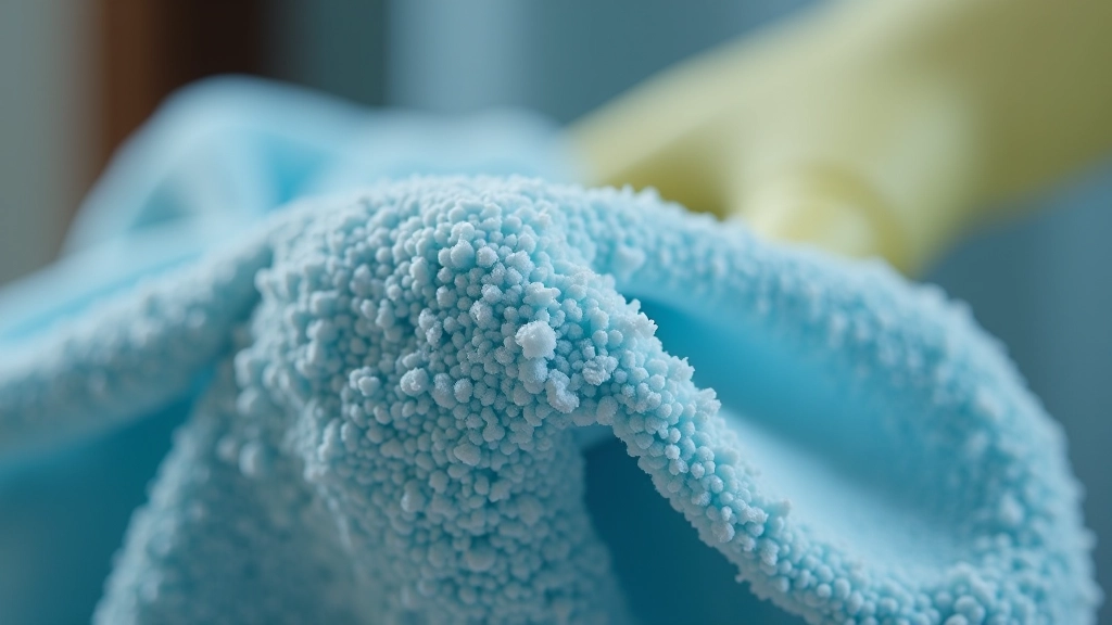 Close-up of microfiber cloth texture with dust particles magnified, showing fiber structure