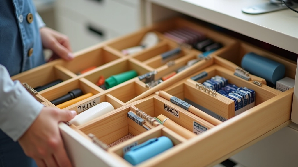 Organized desk drawer with labeled compartments for pens, sticky notes, and office supplies neatly arranged
