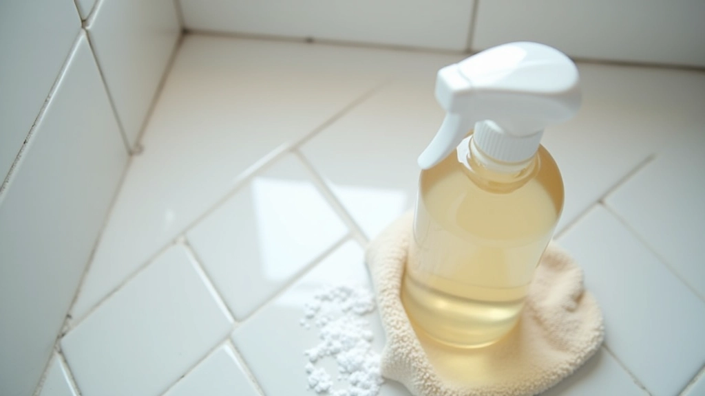 Bathroom counter showing spray bottle of vinegar solution and white paste of baking soda mixture on tiled surface, microfiber cloth nearby
