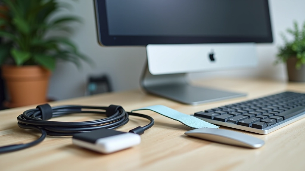 Desk with properly organized cables bundled together using cable management clips and straps, hidden behind desk
