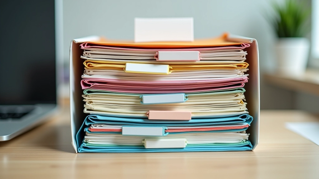 Filing system with labeled folders and document organizer showing color-coded organization system