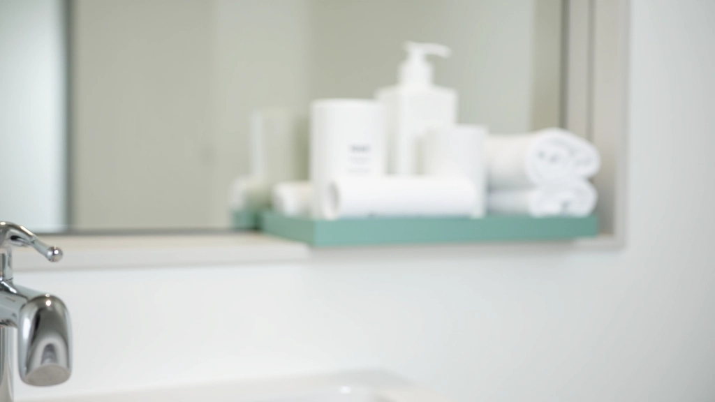 Bathroom with sparkling clean mirror, organized toiletries, and fluffy white towels on rack