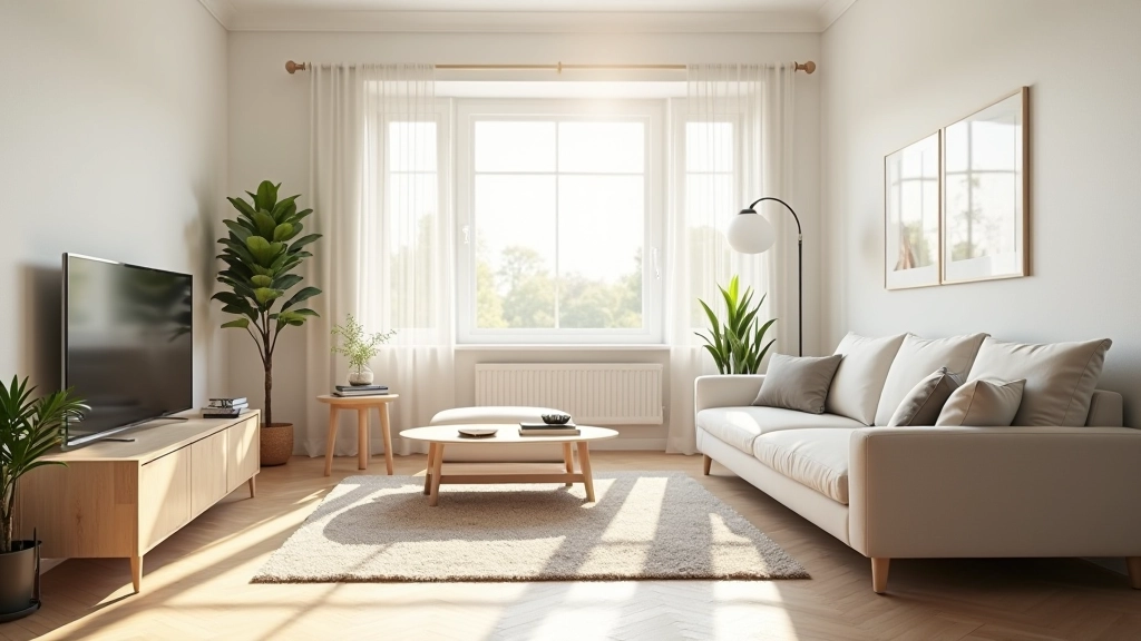 Modern living room with organized furniture and clean surfaces, natural morning light, minimalist aesthetic