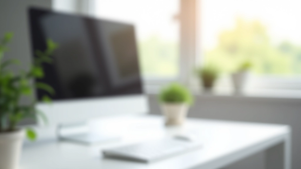 Clean minimalist office desk with single monitor, keyboard, and small plant in bright natural light