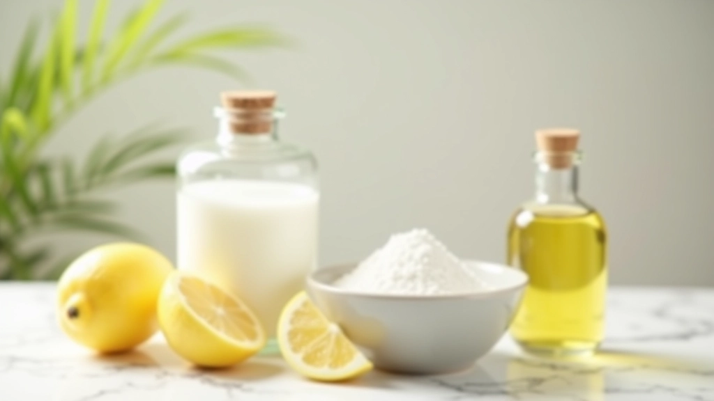 Glass bottles of white vinegar, baking soda in white bowl, and lemon essential oil on marble counter with fresh lemon slices