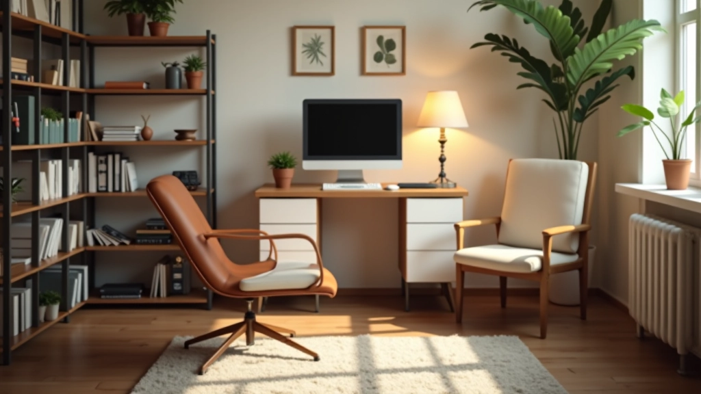Office workspace with distinct zones including desk area, comfortable reading chair with side table, and wall-mounted storage shelves