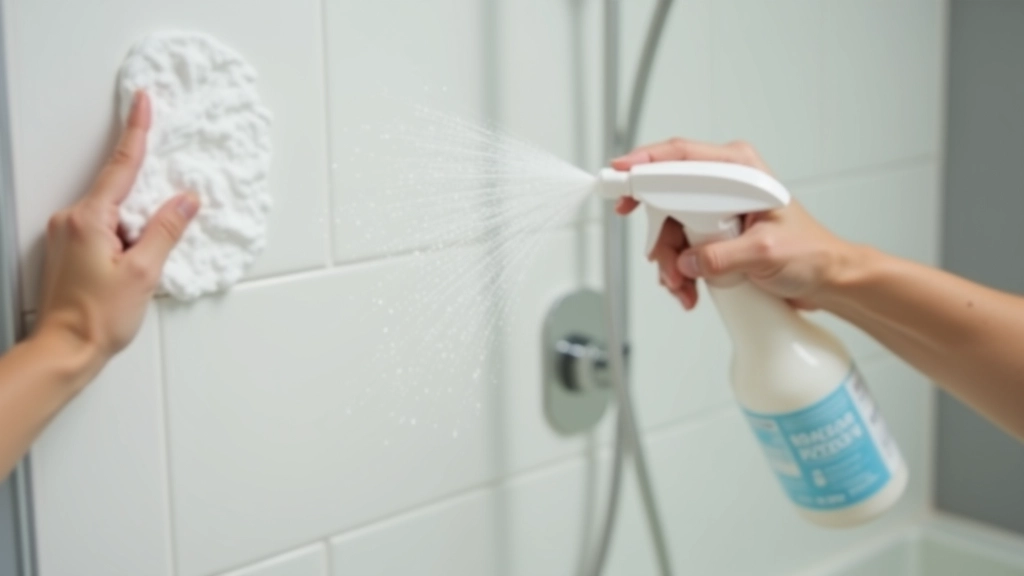 Shower tile wall with spray bottle of vinegar solution being applied, white foam from baking soda reaction visible on grout lines