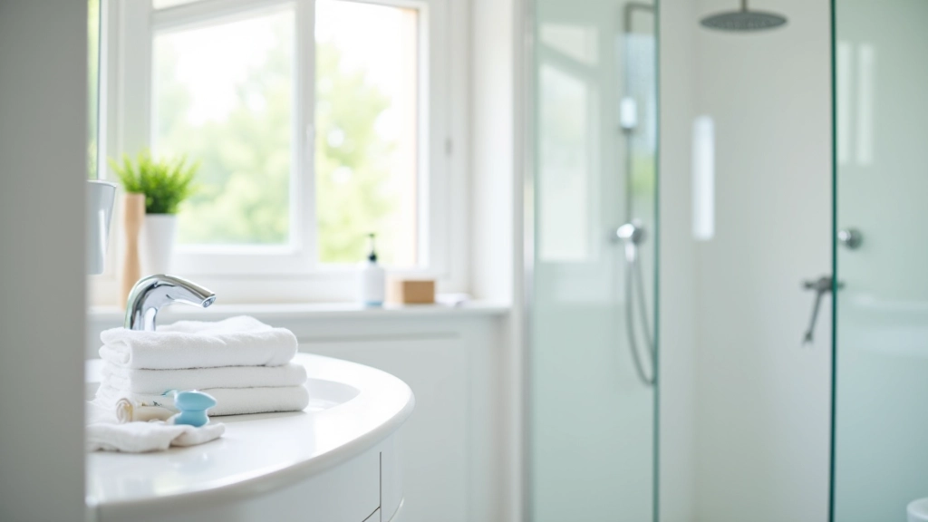 Modern bathroom with open window showing ventilation, squeegee on shower glass, organized toiletries on counter, fresh white towels