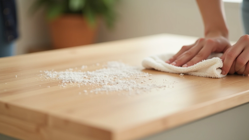Furniture surfaces showing dust settling patterns and proper cleaning direction arrows
